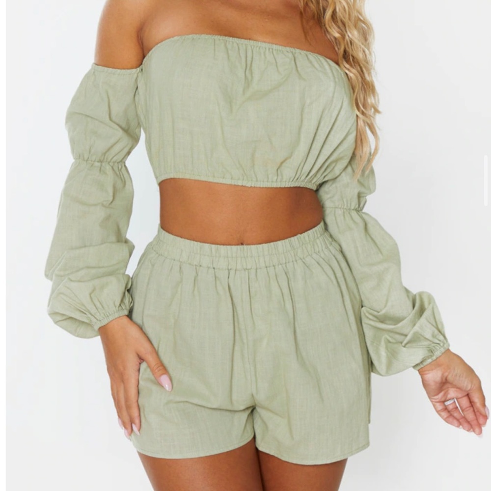 Pale Khaki Linen Look Puff Sleeve Beach Top & Elasticated Beach Shorts SET
